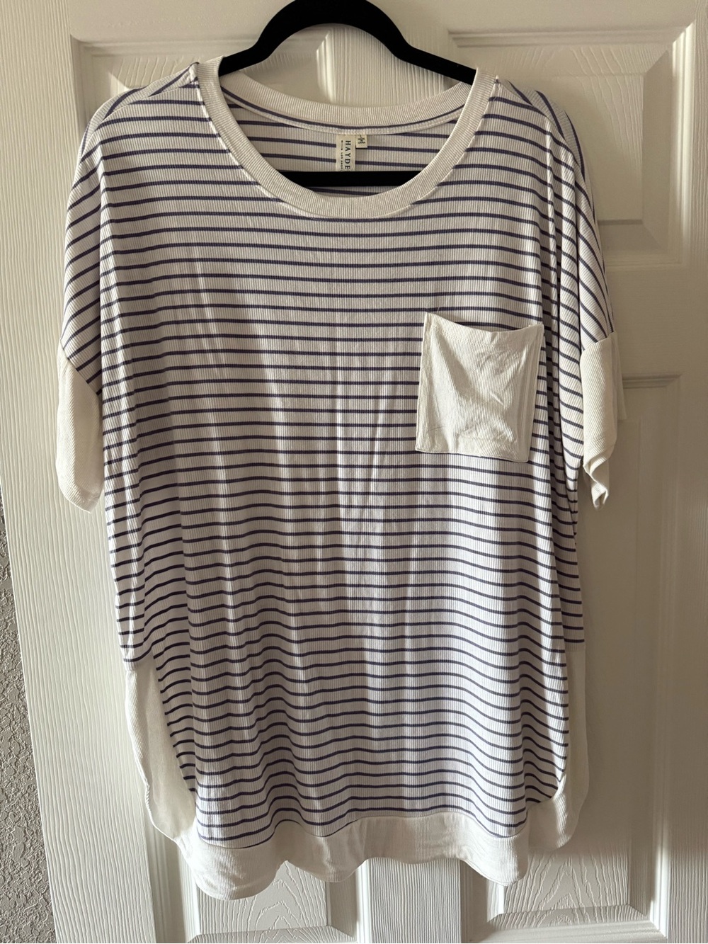 Hayden White Tee with Navy Stripes and Pocket Detail
